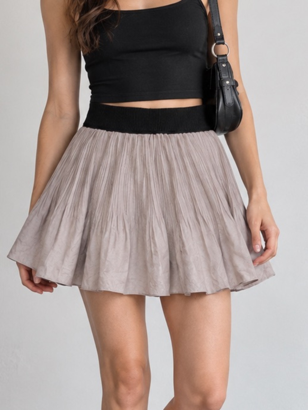 OZOC Pleated Mini Skirt Taupe Black Elastic Waist Flared Skater Y2K Small